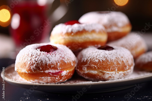 A stunning plate of paczki sprinkled with powdered sugar. (Generative AI)