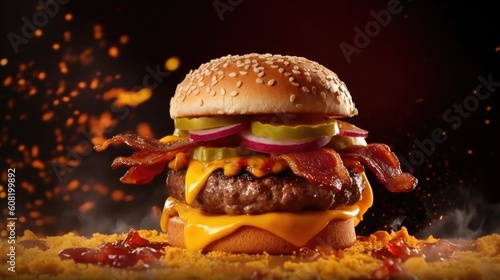 hamburger on black background, ai generative