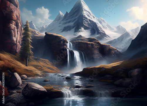 Natural panorama showcases a majestic mountain surrounded by a lush forest. A lively waterfall cascades from the mountain edge, threading its way through the green trees