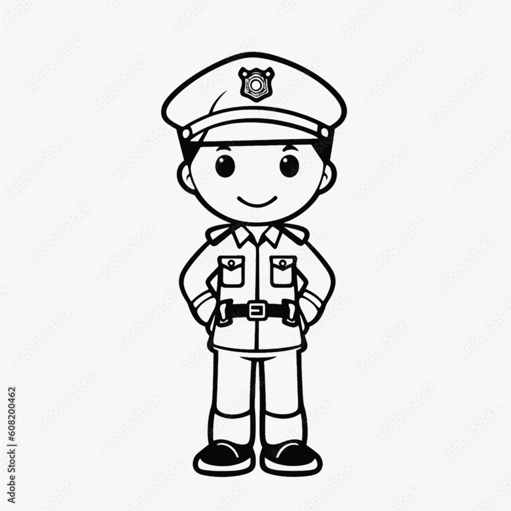 Child-Friendly Coloring Page: Simple Black and White Illustration of a Cute Policeman Child-Friendly Coloring Page: Simple Black and White Illustration of a Cute Policeman