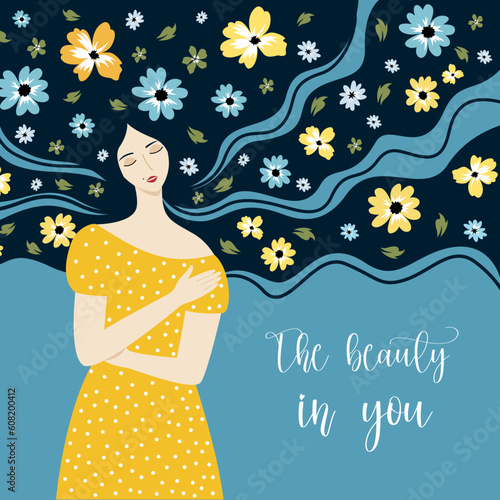 Vector illustration of a beautiful, tender girl with flowers in her hair and an inscription. The image is suitable for printing on clothes, postcards, banners.