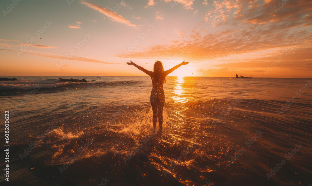 A woman feeling and touching the ocean water during sunset