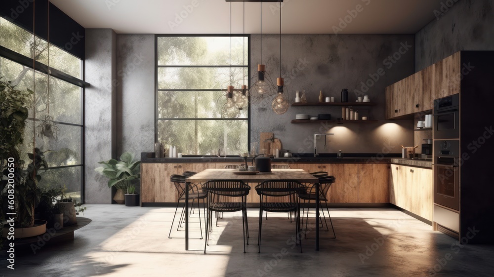 Modern spacious kitchen in a minimalist loft style with a dining area. The combination of concrete and wood, natural colors, large panoramic windows overlooking the garden. Generative AI