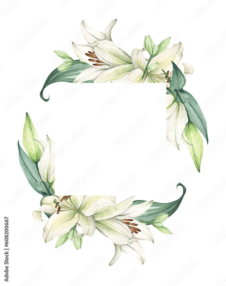Obraz premium White lily. Floral bouquet. Hand drawn clipart for wedding invitations, birthday stationery, greeting cards, scrapbooking. Watercolor illustration.