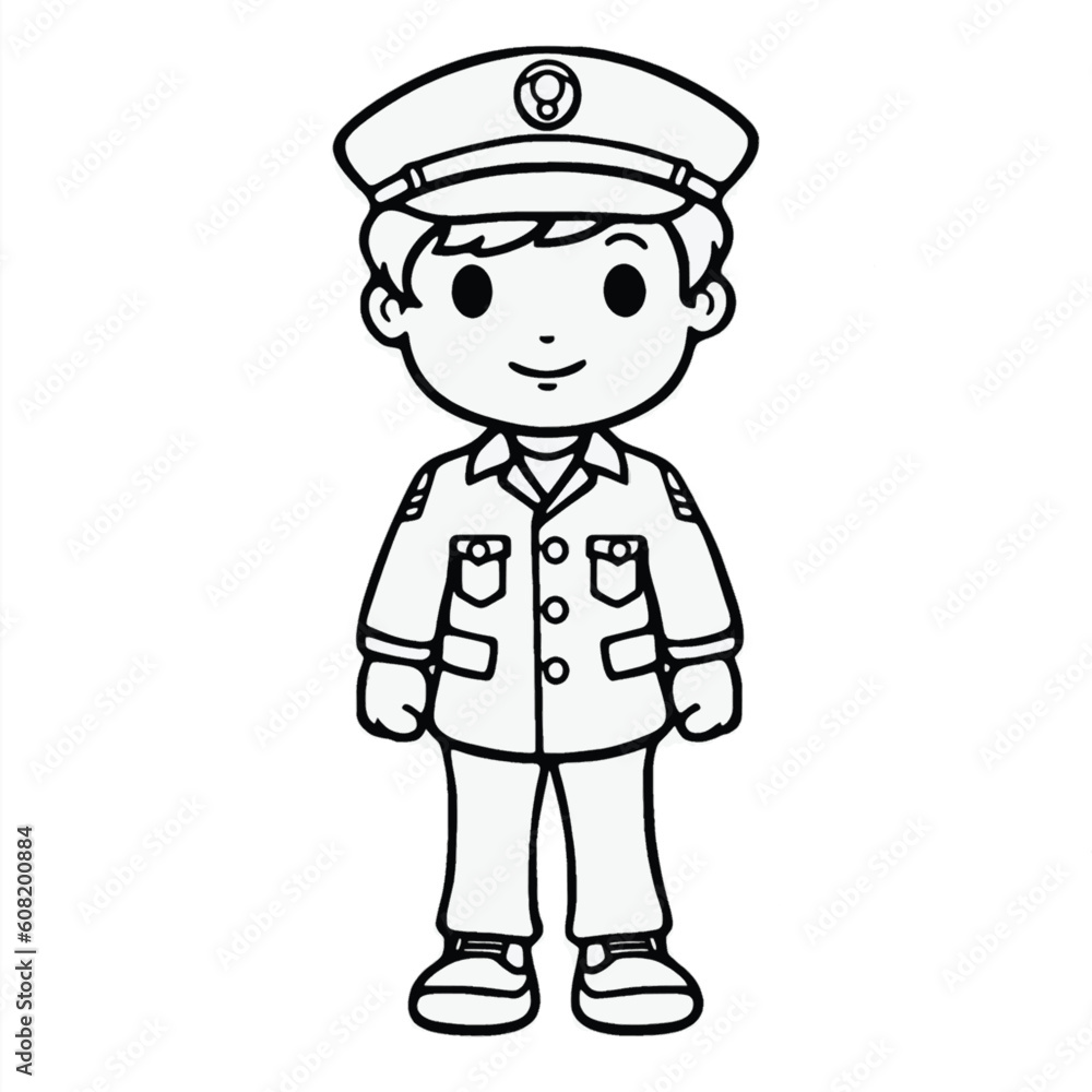 Child-Friendly Coloring Page: Simple Black and White Illustration of a Cute Policeman Child-Friendly Coloring Page: Simple Black and White Illustration of a Cute Policeman