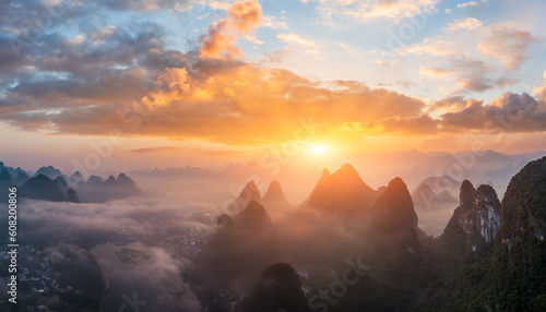 Aerial view of Karst mountain natural landscape at sunrise, Guilin, Guangxi, China.