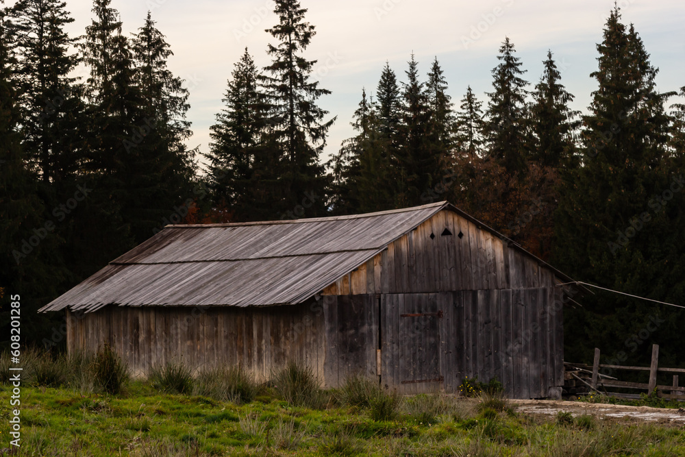 Traditional wooden mountain hut, farm building in the Ukrainian Carpathians Traditional wooden mountain hut, farm building in the Ukrainian Carpathians