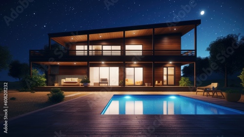 Modern stylish two-story villa in a minimalist style with large panoramic windows and a swimming pool in the foreground at night under moonlight. Generative AI