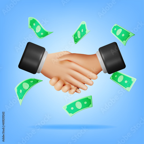 3D Handshake Gesture and Money. Render Concept of Shaking Hands. Relations of Partnership. Business People Partners Handshake. Successful Transaction, Agreement, Deal. Vector Illustration