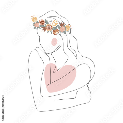 Love yourself vector illustration. Pretty woman with a flower wreath is hugging herself. Body and mental health care design concept isolated on white background