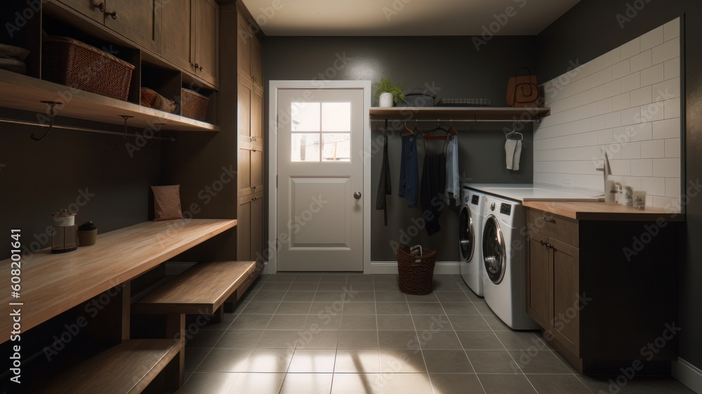Spacious laundry room in a modern house, classic American interior, washer, dryer, shelves, hangers and cabinets. Generative AI Spacious laundry room in a modern house, classic American interior, washer, dryer, shelves, hangers and cabinets. Generative AI