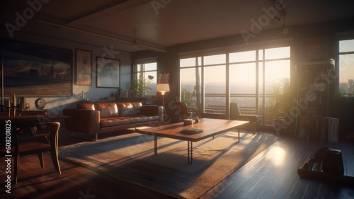 Elite apartment in a modern house with panoramic windows and a city view. Leather sofa and armchair, coffee table, wooden floor, paintings on the walls. Luxurious accommodation. Generative AI