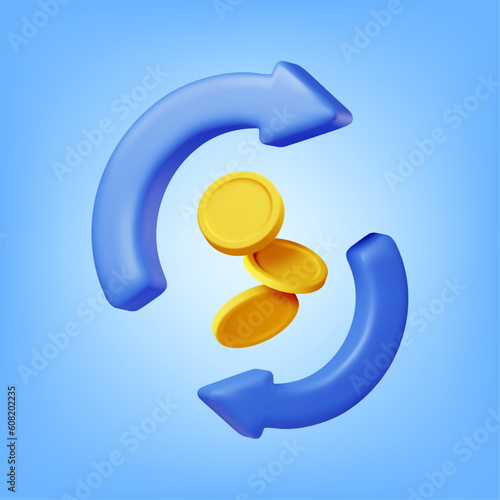 3D Round Arrow with Golden Coins Isolated. Render Cashback or Return Money in Shopping. Concept of Payment with Money Back. Refund and Digital Payment. Return of Investment. Vector Illustration