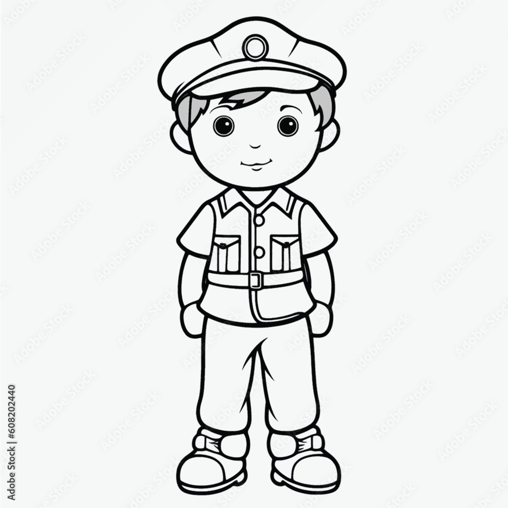 Simple Kids Coloring Page: Full Body Shot of a Cute Policeman with Simple Outline