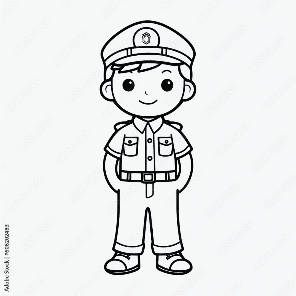 Simple Kids Coloring Page: Full Body Shot of a Cute Policeman with Simple Outline Simple Kids Coloring Page: Full Body Shot of a Cute Policeman with Simple Outline