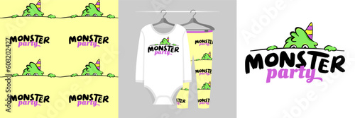 Seamless pattern and illustration set with cute monster and text Monster party. Baby design pajamas, background for apparel, room decor, tee print, party invitation, baby shower, fabric design