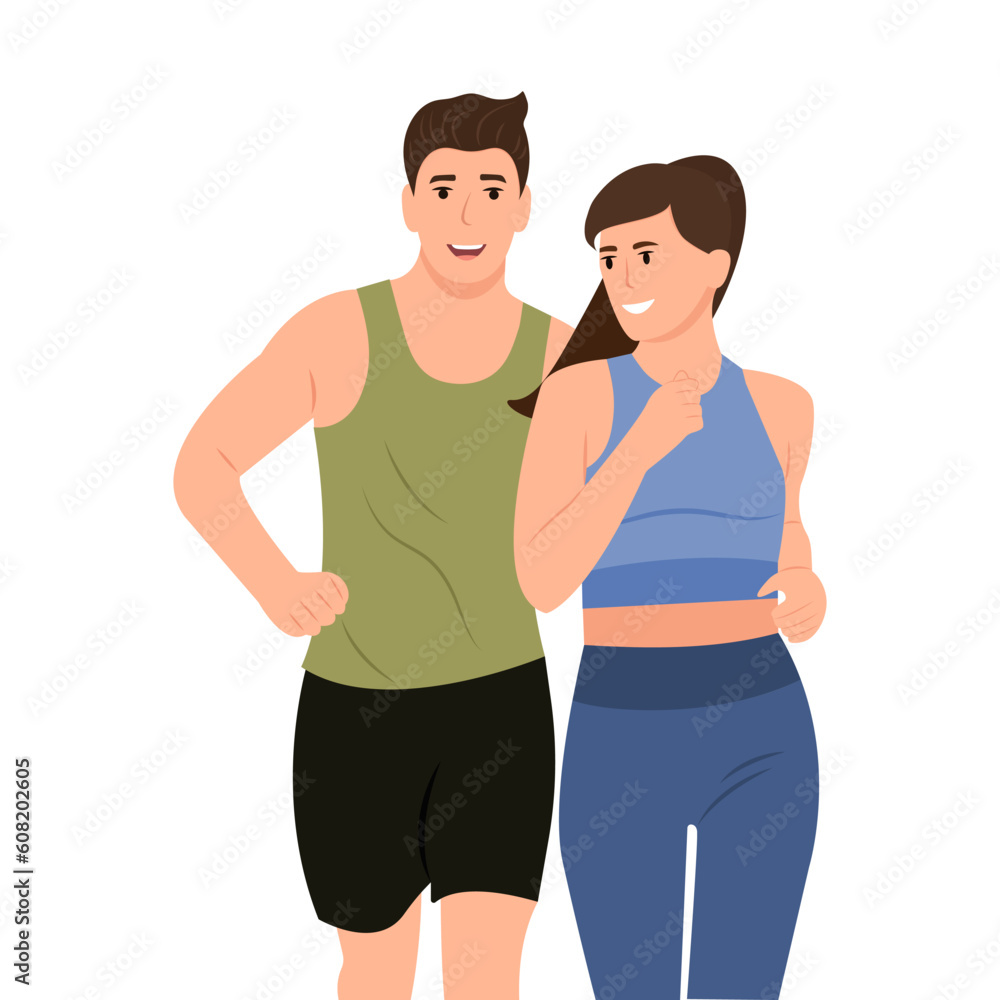 Happy man and woman running outdoor together. Sport activity, healthy lifestyle. Flat vector cartoon illustration Happy man and woman running outdoor together. Sport activity, healthy lifestyle. Flat vector cartoon illustration