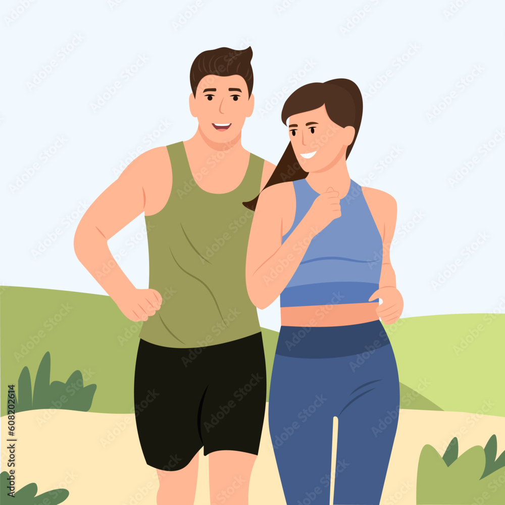 Happy man and woman running outdoor together. Sport activity, healthy lifestyle. Flat vector cartoon illustration Happy man and woman running outdoor together. Sport activity, healthy lifestyle. Flat vector cartoon illustration