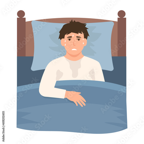 Man lying in bed with flu symptoms. Sweating during sleep.Illustration of the symptoms of profuse night sweats. Cold symptoms. Vector illustration