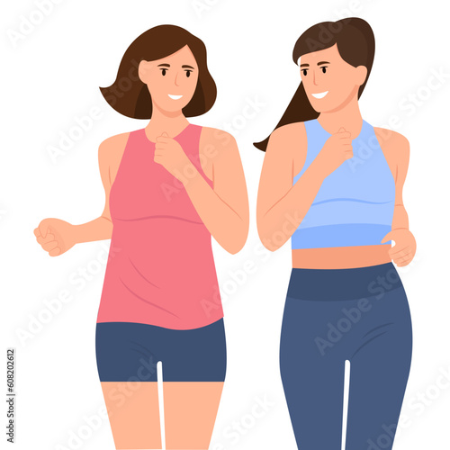 Smiling women running outdoor together. Sport activity, healthy lifestyle. Flat vector cartoon illustration isolated on white background