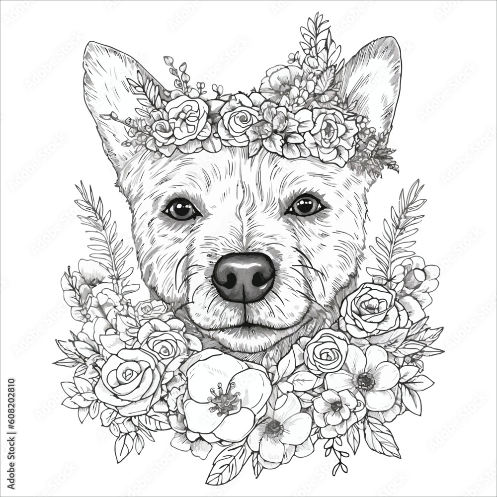 Flower Dog Coloring Pages For Adults Stock Vector | Adobe Stock