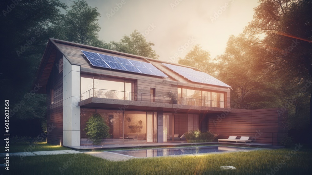 A modern two-story cottage in a minimalist style with solar panels on the roof. Panoramic windows, spacious terrace. Swimming pool and tidy lawn. Soft evening light. Generative AI