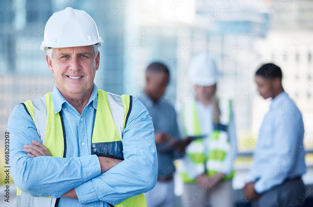 Portrait, arms crossed and a senior man construction worker outdoor on a building site with his team in the background. Management, leadership and confidence with a mature male architect outside Portrait, arms crossed and a senior man construction worker outdoor on a building site with his team in the background. Management, leadership and confidence with a mature male architect outside