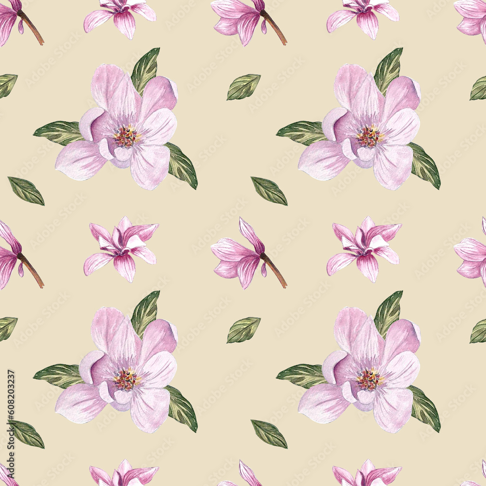 Seamless pattern with spring flowers and magnolia rosea leaves, floral pattern for wallpaper background, watercolor