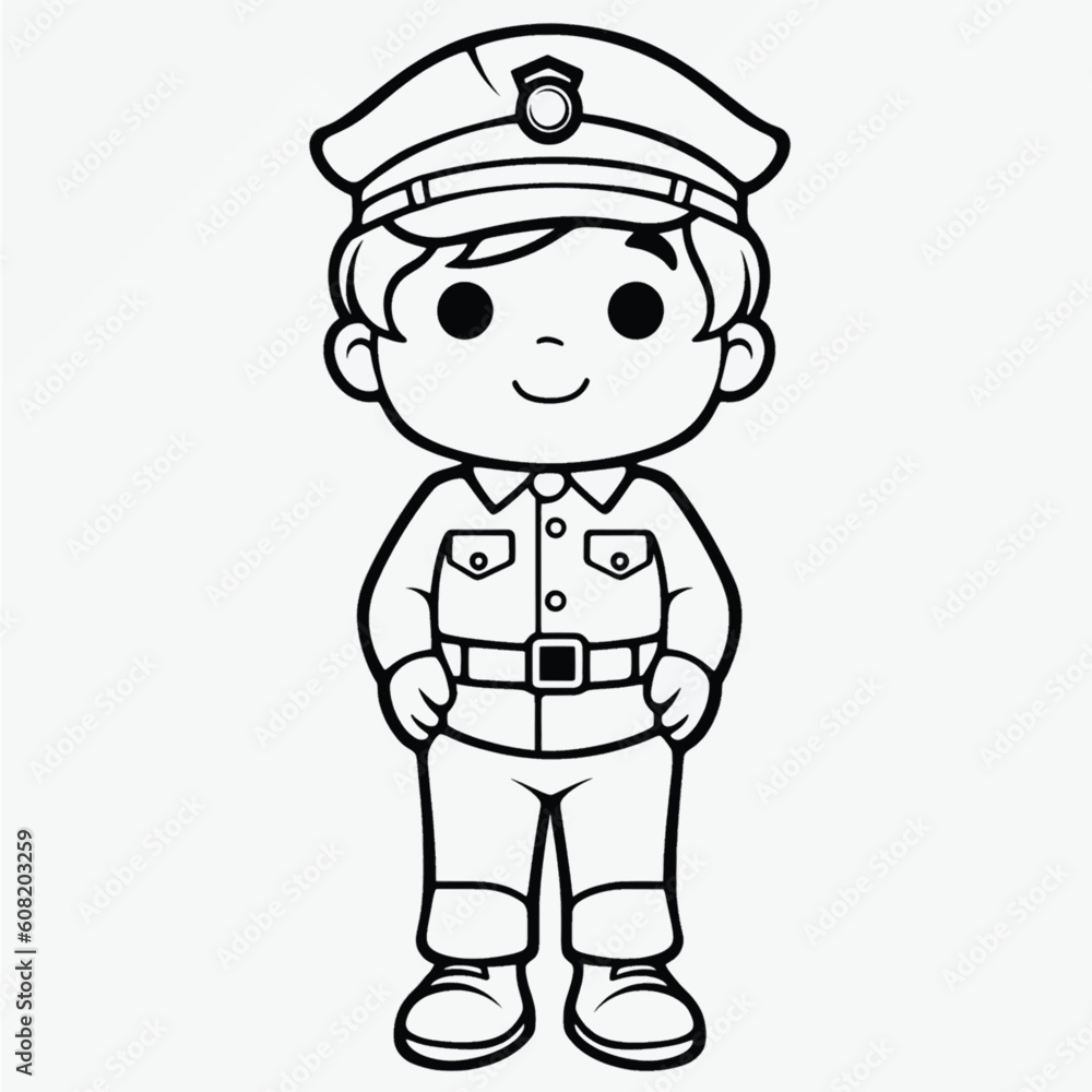 Cute Policeman Coloring Page: Simple Black and White Illustration for Kids
