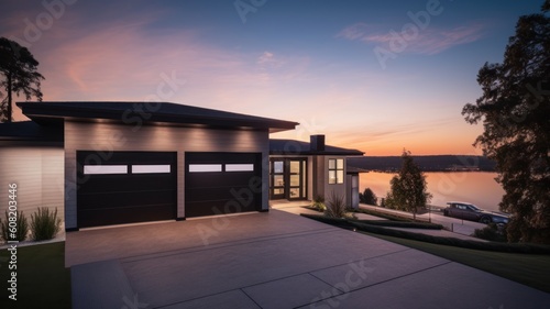 Modern luxury villa with white walls, double garage and parking area. Beautiful sunset sky. Generative AI © Georgii