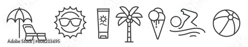 Beach holidays, travel and summer vacation thin line icon set