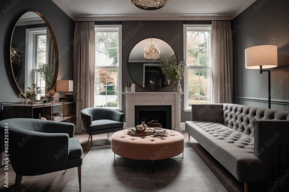 Luxury living room in a classic style, comfortable sofa and armchair, fireplace, round mirrors on the walls, pastel colors with a predominance of gray. Generative AI