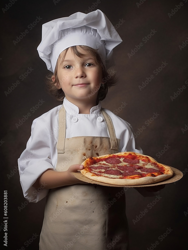 Kleiner Junge als Chefkoch mit Kochmütze serviert frische Salami Pizza, ai generativ Kleiner Junge als Chefkoch mit Kochmütze serviert frische Salami Pizza, ai generativ