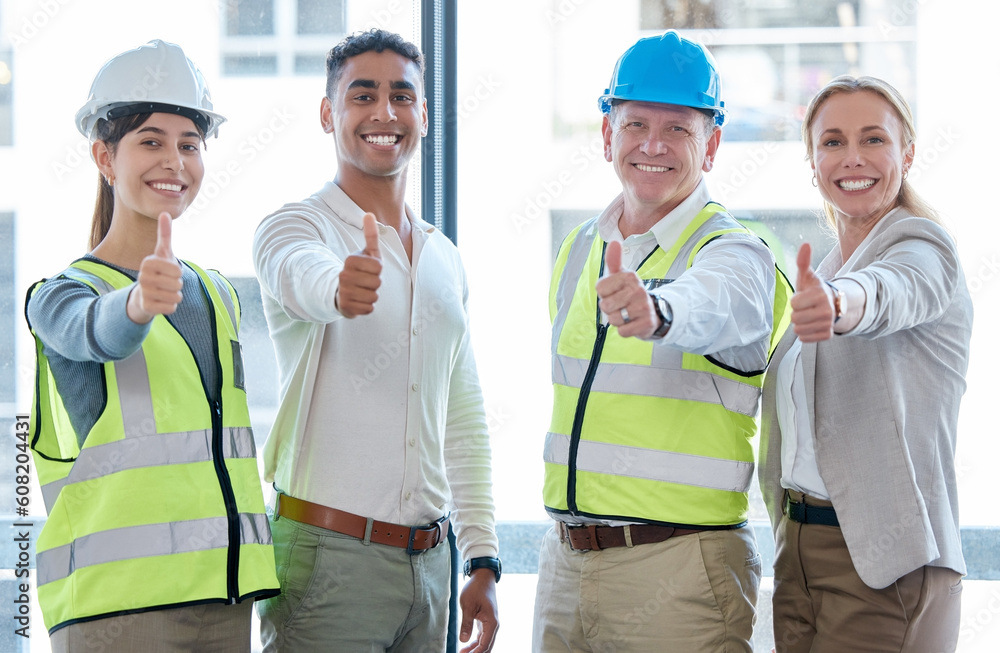 Thumbs up, engineering and portrait of people for success, thank you and construction worker like, yes or okay sign. Happy face, architecture and women, men or team good job, support and thanks hands Thumbs up, engineering and portrait of people for success, thank you and construction worker like, yes or okay sign. Happy face, architecture and women, men or team good job, support and thanks hands