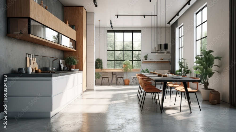 Modern spacious kitchen in a minimalist loft style with a dining area. The combination of concrete and wood, natural colors, large panoramic windows overlooking the garden. Generative AI Modern spacious kitchen in a minimalist loft style with a dining area. The combination of concrete and wood, natural colors, large panoramic windows overlooking the garden. Generative AI