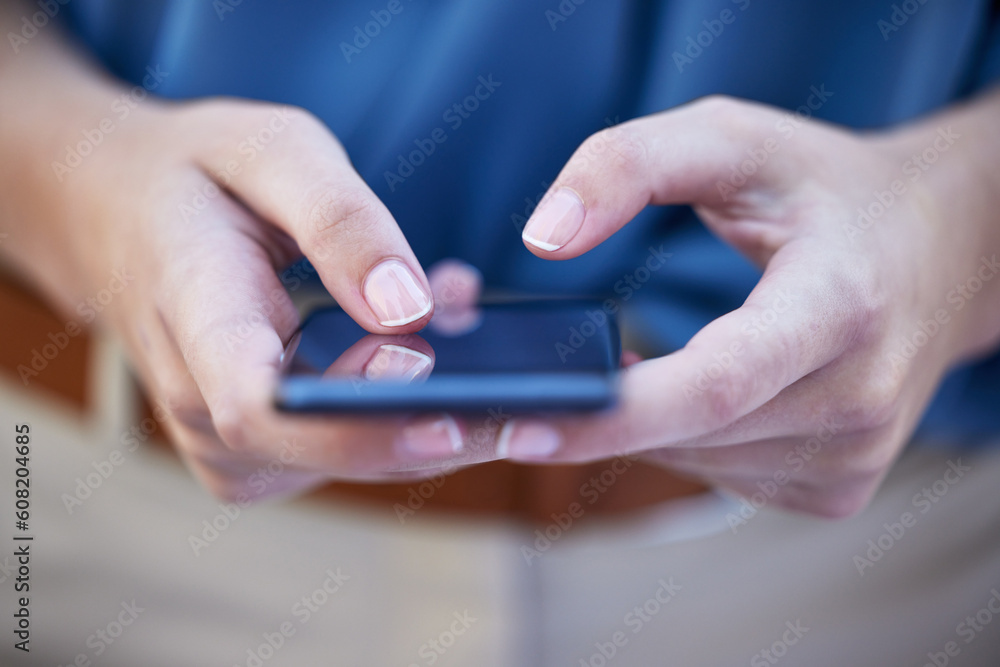 Hands, phone and contact with a woman typing a text message closeup on a blurred background. Mobile, communication and social media with a female person reading a text or networking alone outdoor