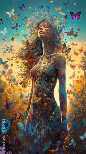 woman with flowing hair standing in a feild of butterfly Generative AI