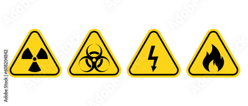 Danger signs vector icon set. Radioactive, biohazard, high voltage, flammable warning symbol. Caution label