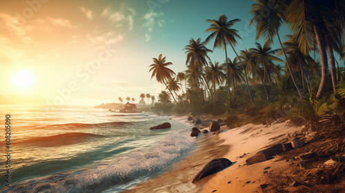 A beautiful beach with palm trees in morning with peace and calm sea wave  Generative AI