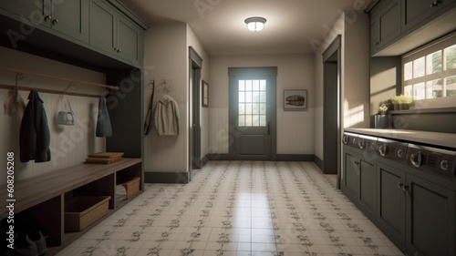 Spacious laundry room in a modern house, classic American interior, washer, dryer, shelves, hangers and cabinets. Generative AI