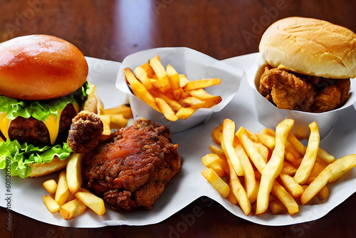 fast food burger french fries fried chicken with AI