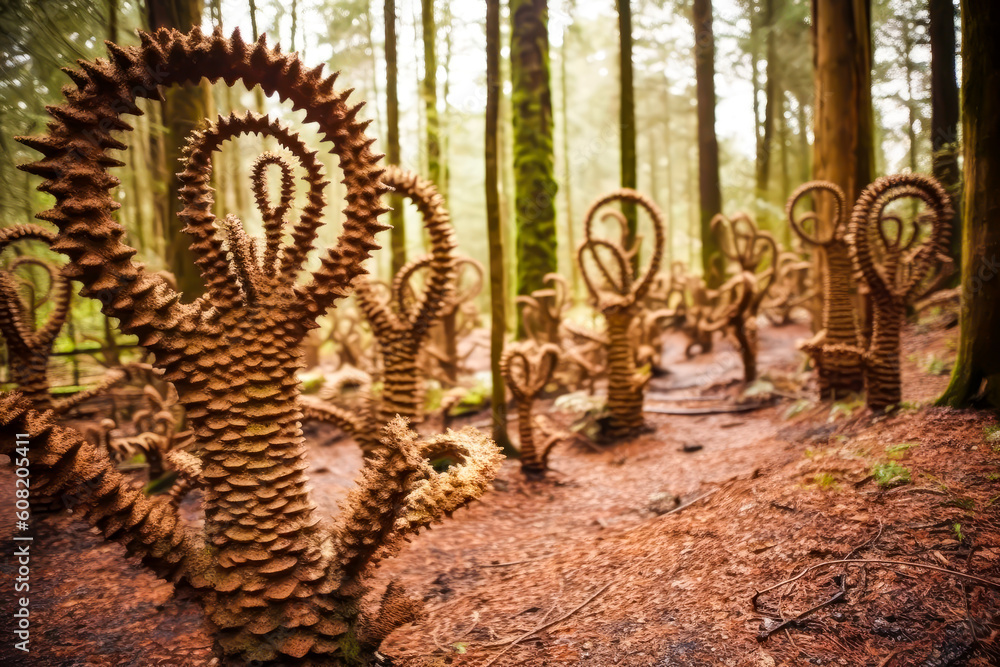 Fototapeta premium Strange plants in the forest, in an intricate spiral sculpture style, abstract, generative ai