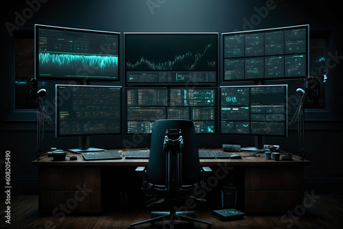 Dark control room with many screens as a trading setup with charts on the screens. tock exchange trading screens, professional traders workstation. Generative Ai