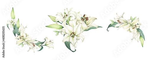 Set of White lily. Floral bouquet. Isolated on white background. Hand drawn clipart for wedding invitations, birthday stationery, greeting cards, scrapbooking. Watercolor illustration.