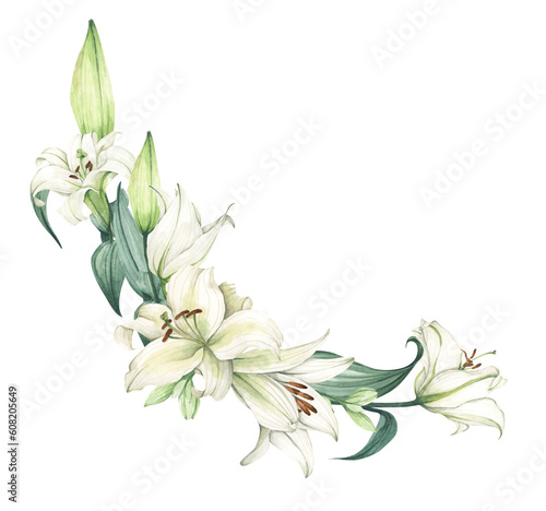 White lily. Floral bouquet. Hand drawn clipart for wedding invitations  birthday stationery  greeting cards  scrapbooking. Watercolor illustration.