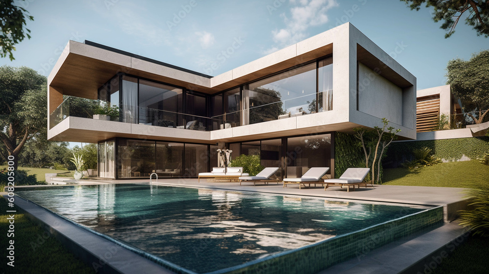 Wooden lounge chairs in modern villa pool and deck. AI Generative