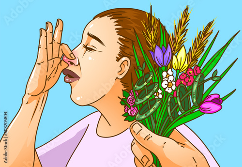 А young girl with allergies. Allergy to plants and pollen. Healthcare illustration, medical illustration. Vector illustration. 