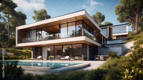 Modern luxury villa with swimming pool. luxury house and swimming pool . AI Generative