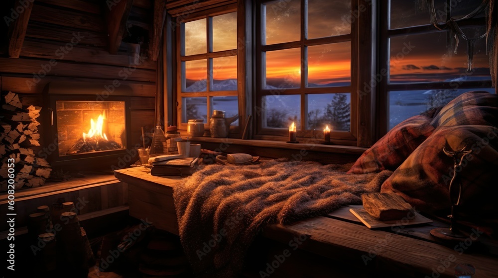 fireplace in the cabine, cabin in the wood, romantic mood, ai generated fireplace in the cabine, cabin in the wood, romantic mood, ai generated