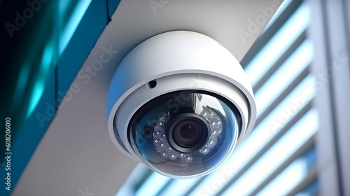 Security camera on modern building. Professional surveillance cameras. CCTV on the wall in the city. Security system, technology. Video equipment for safety system area control outdoor - Generative AI